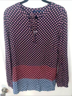 Tom Tailor Boho Geometric Foulard Ombré Long Sleeve Blouse Navy Red